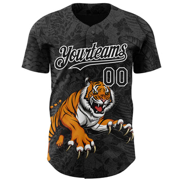 Custom Black White 3D Hawaii Tropical Palm Leaves And Animal Tiger Authentic Baseball Jersey