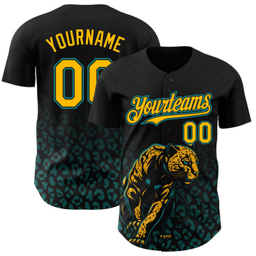 Custom Black Yellow-Teal 3D Pattern Design Gradient Leopard Print Authentic Baseball Jersey