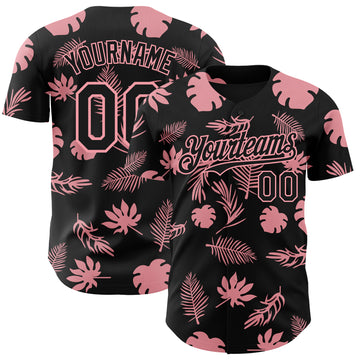 Custom Black Medium Pink 3D Hawaii Palm Leaves Authentic Baseball Jersey