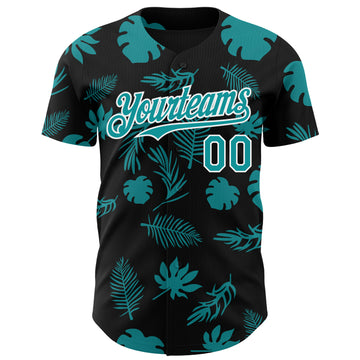 Custom Black Teal-White 3D Hawaii Palm Leaves Authentic Baseball Jersey