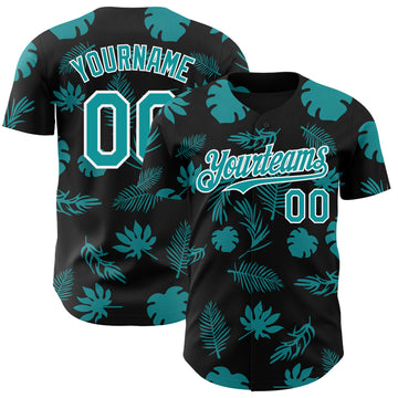 Custom Black Teal-White 3D Hawaii Palm Leaves Authentic Baseball Jersey
