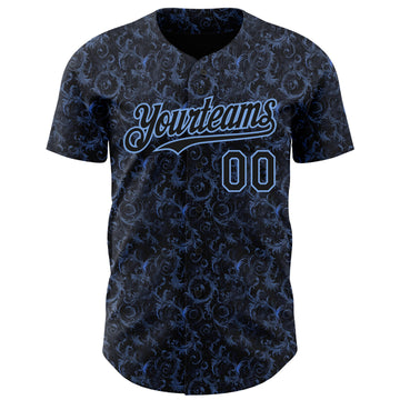 Custom Black Light Blue 3D Pattern Design Flower Authentic Baseball Jersey