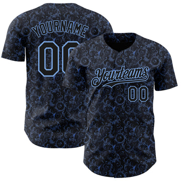 Custom Black Light Blue 3D Pattern Design Flower Authentic Baseball Jersey