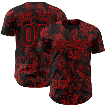 Custom Black Red 3D Pattern Design Flower Authentic Baseball Jersey