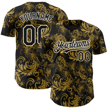 Custom Black Old Gold-White 3D Pattern Design Flower Authentic Baseball Jersey