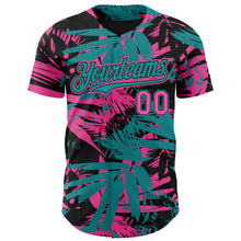 Load image into Gallery viewer, Custom Black Pink-Teal 3D Hawaii Palm Leaves Authentic Baseball Jersey
