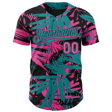 Custom Black Pink-Teal 3D Hawaii Palm Leaves Authentic Baseball Jersey