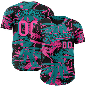 Custom Black Pink-Teal 3D Hawaii Palm Leaves Authentic Baseball Jersey