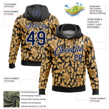 Custom Stitched Black Navy-White 3D Pattern Design Golden Subtle Floral Sports Pullover Sweatshirt Hoodie