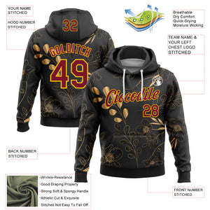 Custom Stitched Black Crimson-Yellow 3D Pattern Design Golden Subtle Floral Sports Pullover Sweatshirt Hoodie