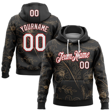 Custom Stitched Black White-Red 3D Pattern Design Golden Subtle Floral Sports Pullover Sweatshirt Hoodie