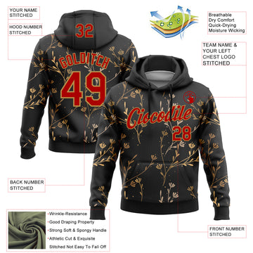 Custom Stitched Black Red-Old Gold 3D Pattern Design Golden Subtle Floral Sports Pullover Sweatshirt Hoodie