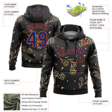 Load image into Gallery viewer, Custom Stitched Black Royal-Orange 3D Pattern Design Golden Subtle Floral Sports Pullover Sweatshirt Hoodie
