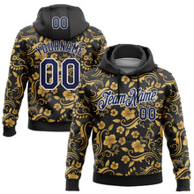 Load image into Gallery viewer, Custom Stitched Black Navy-White 3D Pattern Design Golden Subtle Floral Sports Pullover Sweatshirt Hoodie

