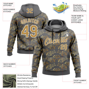 Custom Stitched Steel Gray Old Gold-White 3D Pattern Design Golden Subtle Floral Sports Pullover Sweatshirt Hoodie