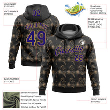 Load image into Gallery viewer, Custom Stitched Black Dark Purple-Old Gold 3D Pattern Design Golden Subtle Floral Sports Pullover Sweatshirt Hoodie
