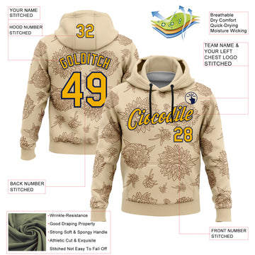 Custom Stitched City Cream Gold-Navy 3D Pattern Design Subtle Floral Sports Pullover Sweatshirt Hoodie