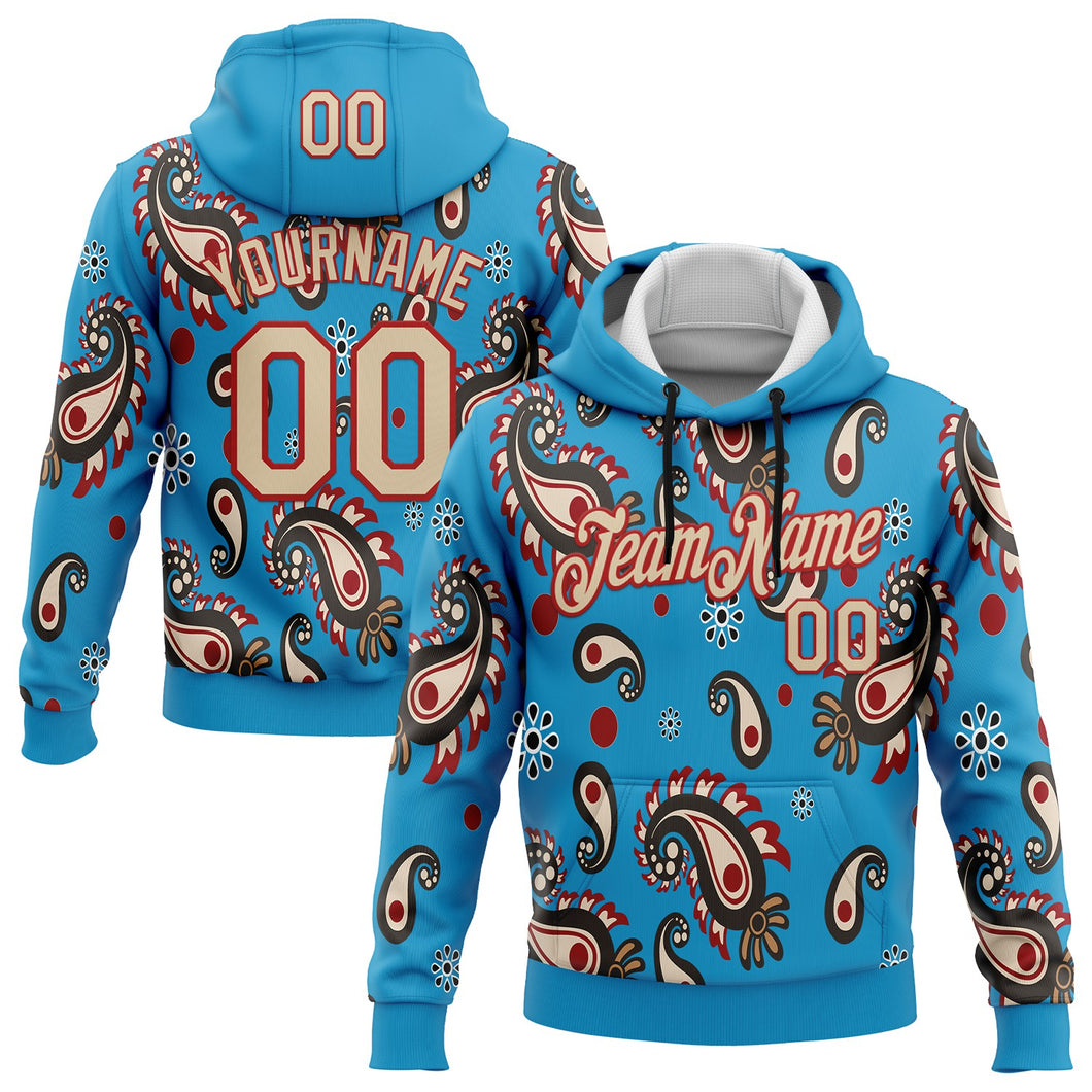 Custom Stitched Panther Blue City Cream-Red 3D Pattern Design Ethnic Paisley Floral Bandana Sports Pullover Sweatshirt Hoodie