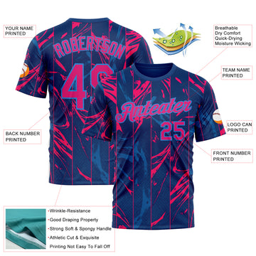 Custom Blue Hot Pink Red-Powder Blue 3D Pattern Design Abstract Splash Stripe Sport Wear Performance T-Shirt