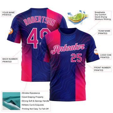 Custom Blue Hot Pink Red-White 3D Pattern Design Neon Stripe Sport Wear Performance T-Shirt