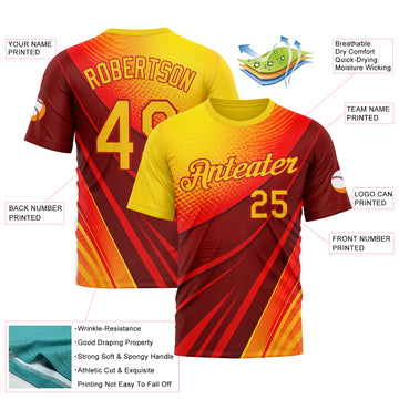 Custom Red Yellow 3D Pattern Design Spain Wave Gradient Sport Wear Performance T-Shirt