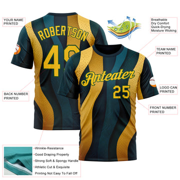 Custom Blue Yellow-Green 3D Pattern Design Color Block Sport Wear Performance T-Shirt