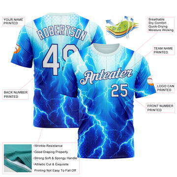 Custom Blue White-Thunder Blue 3D Pattern Design Lightning Sport Wear Performance T-Shirt
