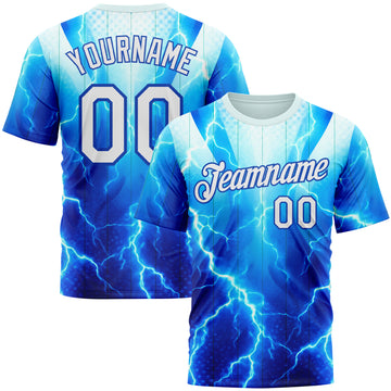 Custom Blue White-Thunder Blue 3D Pattern Design Lightning Sport Wear Performance T-Shirt