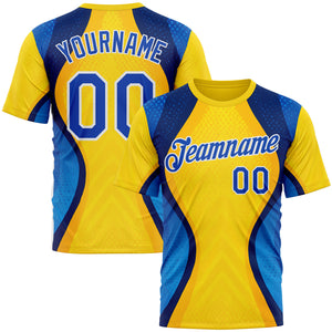 Custom Yellow Thunder Blue Blue-White 3D Pattern Design Brazil Color Block Sport Wear Performance T-Shirt
