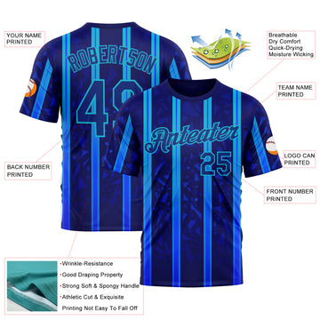 Custom Blue Royal-Lakes Blue 3D Pattern Design Classic Geometric Shape Stripe Sport Wear Performance T-Shirt