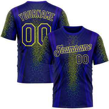 Custom Blue Dark Purple-Neon Yellow 3D Pattern Design Abstract Net Sport Wear Performance T-Shirt