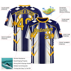 Custom White Yellow Blue-Navy 3D Pattern Design Geometric Shape Stripe Sport Wear Performance T-Shirt