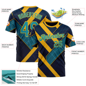Custom Blue Teal-Yellow 3D Pattern Design Brazil Geometric Shape Sport Wear Performance T-Shirt
