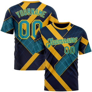 Custom Blue Teal-Yellow 3D Pattern Design Brazil Geometric Shape Sport Wear Performance T-Shirt