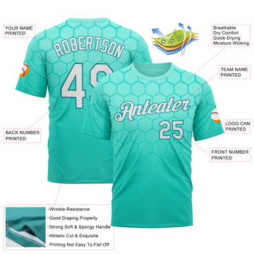 Custom Green White-Teal 3D Pattern Design Geometric Honeycomb Shape Sport Wear Performance T-Shirt