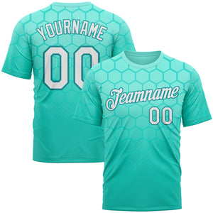 Custom Green White-Teal 3D Pattern Design Geometric Honeycomb Shape Sport Wear Performance T-Shirt