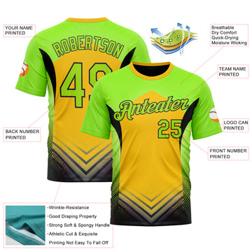 Custom Green Neon Green Yellow-Black 3D Pattern Design Color Block Arrow Sport Wear Performance T-Shirt