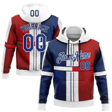 Load image into Gallery viewer, Custom Stitched White Royal Blue-Red 3D Pattern Design American Inspired Geometric Shape Sports Wear Pullover Sweatshirt Hoodie
