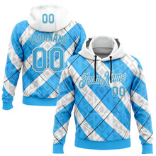 Load image into Gallery viewer, Custom Stitched White Sky Blue Black-Blue 3D Pattern Design Argentine Inspired Geometric Tribal Shape Sports Wear Pullover Sweatshirt Hoodie
