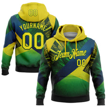 Load image into Gallery viewer, Custom Stitched Green Light Yellow-Blue 3D Pattern Design Brazil Inspired Geometric Tribal Sports Wear Pullover Sweatshirt Hoodie
