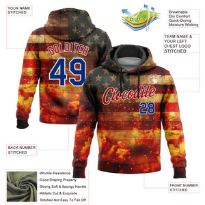 Custom Stitched Red Royal-White 3D American Flag Retro Distressed Flame Grunge Sports Pullover Sweatshirt Hoodie