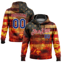 Load image into Gallery viewer, Custom Stitched Red Royal-White 3D American Flag Retro Distressed Flame Grunge Sports Pullover Sweatshirt Hoodie
