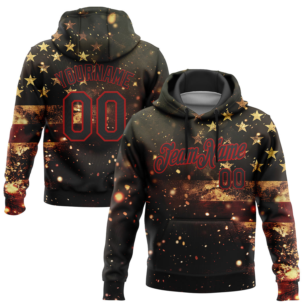 Custom Stitched Black Red 3D American Flag Retro Distressed Sparkle Grunge Sports Pullover Sweatshirt Hoodie