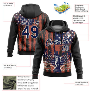 Custom Stitched Black Navy-Cream 3D American Flag Retro Distressed Statue of Liberty Grunge Sports Pullover Sweatshirt Hoodie