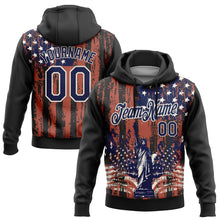 Load image into Gallery viewer, Custom Stitched Black Navy-Cream 3D American Flag Retro Distressed Statue of Liberty Grunge Sports Pullover Sweatshirt Hoodie
