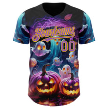 Загрузить изображение в средство просмотра галереи, Custom Black Medium Purple-Yellow 3D Halloween Spooky Pumpkin Authentic Baseball Jersey
