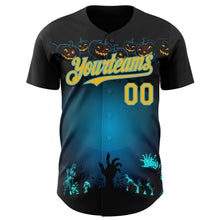 Загрузить изображение в средство просмотра галереи, Custom Black Gold-Sky Blue 3D Halloween Spooky Pumpkin Zombies Authentic Baseball Jersey
