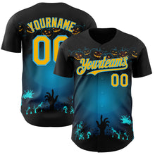 Загрузить изображение в средство просмотра галереи, Custom Black Gold-Sky Blue 3D Halloween Spooky Pumpkin Zombies Authentic Baseball Jersey
