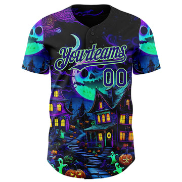 Custom Black Dark Purple-Pea Green 3D Halloween Spooky Pumpkin Authentic Baseball Jersey
