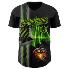 Load image into Gallery viewer, Custom Black Neon Green 3D Halloween Spooky Pumpkin Scratch Authentic Baseball Jersey
